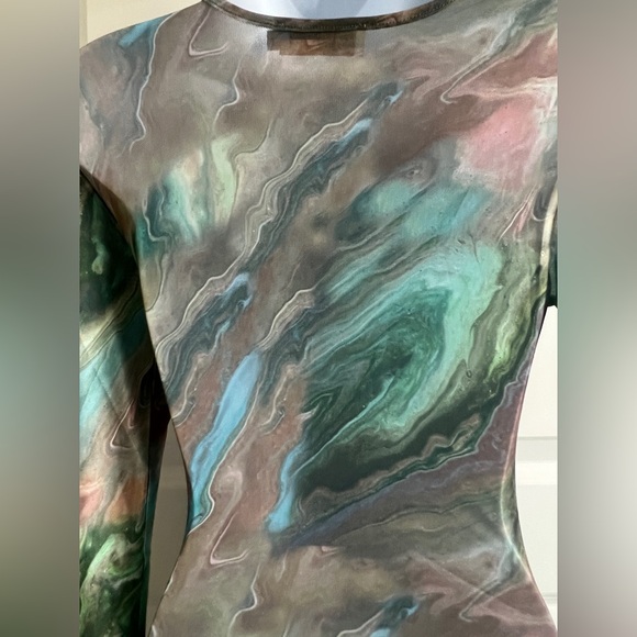 BEIGE BOTANY Marbled Long-Sleeve Ruched Sheer Bodycon Dress Size Small - Picture 4 of 7